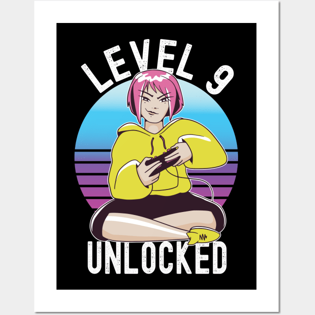 Level 9 Unlocked Girls Loves Anime Gamer 9th Birthday Girl Wall Art by Ramadangonim